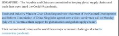 中國(guó)與新加坡肯定經(jīng)貿(mào)關(guān)系，承諾在新冠疫情期間保證貿(mào)易暢通